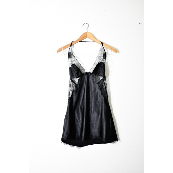Victoria's Secret Other - Victoria's Secret Chemise Women Medium Black Modern Satin Lace Halter Open Back